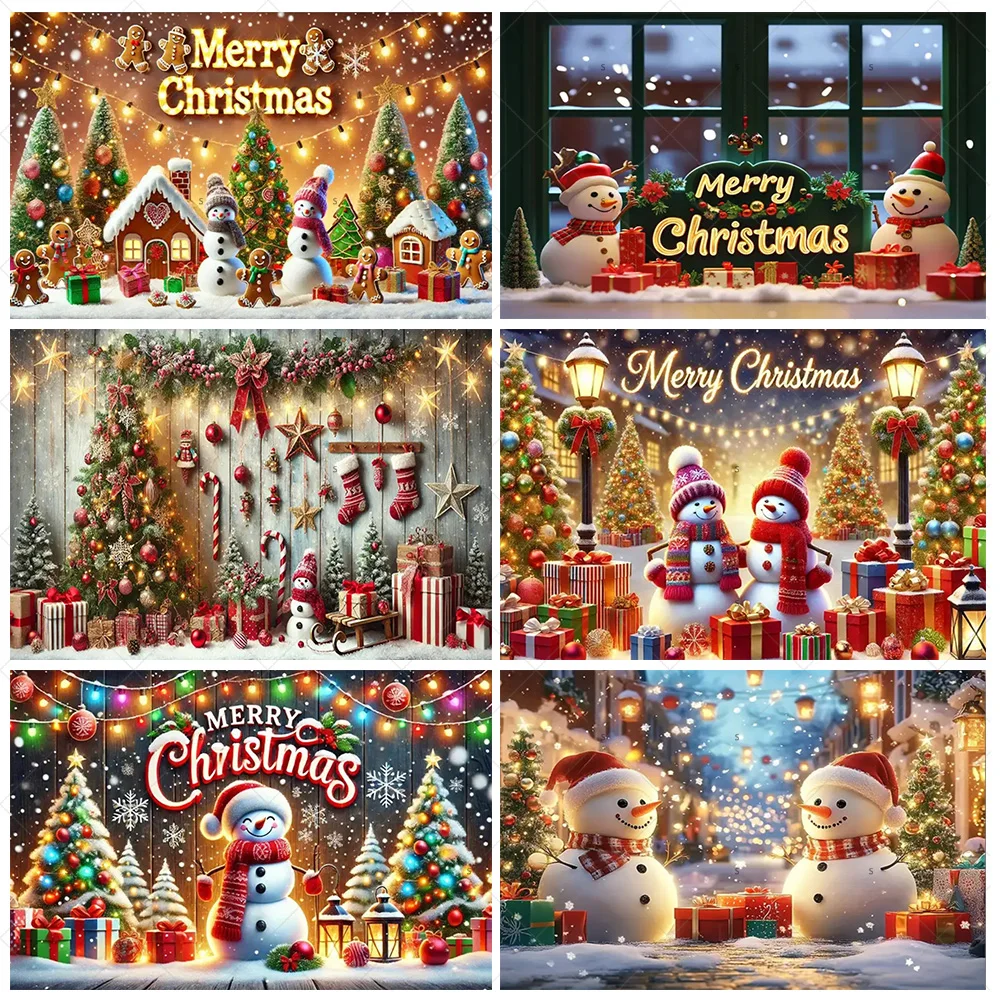 

Winter Snowman Christmas Backdrop Supplies Xmas Tree Santa Claus Reindeer Snowflake Background Party Decoration Photo Shoot Prop