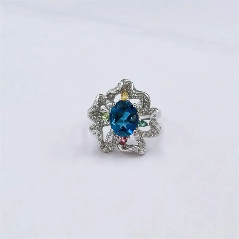 ZECAA perhiasan mewah cincin Topaz wanita dengan batu permata Topaz biru London alami 7*9mm cincin Topas wanita perak hadiah wanita terbaik