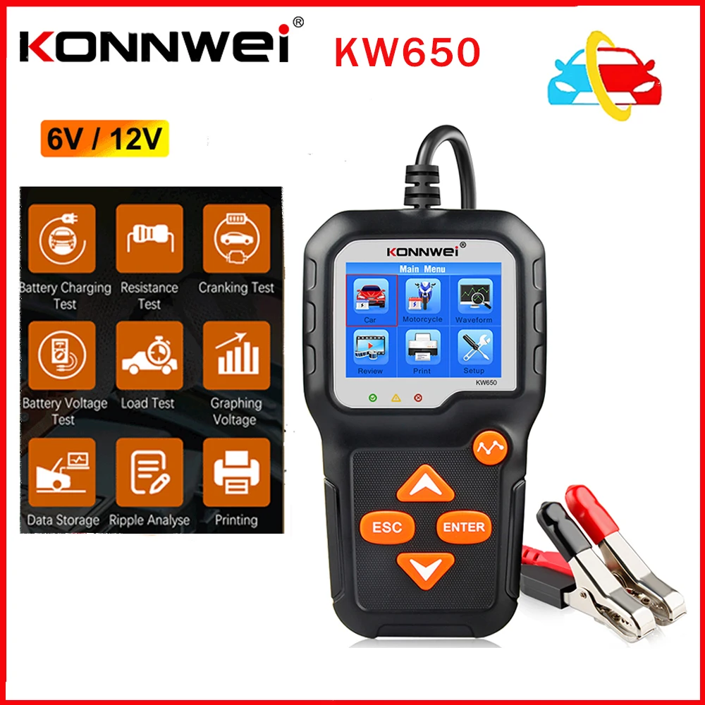 KONNWEI KW650 Car Battery Tester For 6V 12V 100-2000 CCA Automotive Battery Alternator Tester for Vehicles Marine Motorcycle