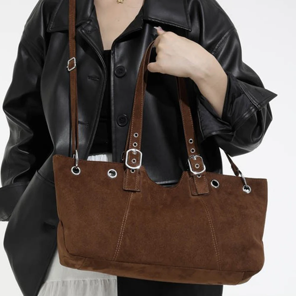 

Large Capacity Women Shoulder Bag Retro Faux Suede Handbags and Purses Hollow Studded Shopper Tote Crossbody Bags for Women NEW