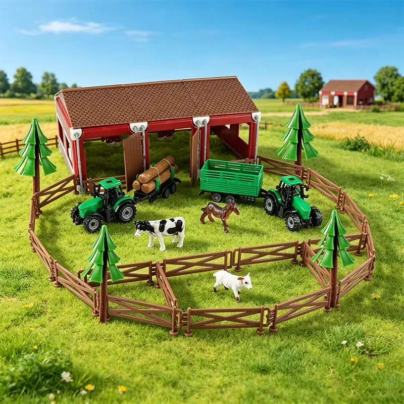 3D Farm House Figurine Set Fence & Dinosaur Model DIY Assembly Figurine Ornament Animal Puzzle Home Desk Decor Display Gift Box