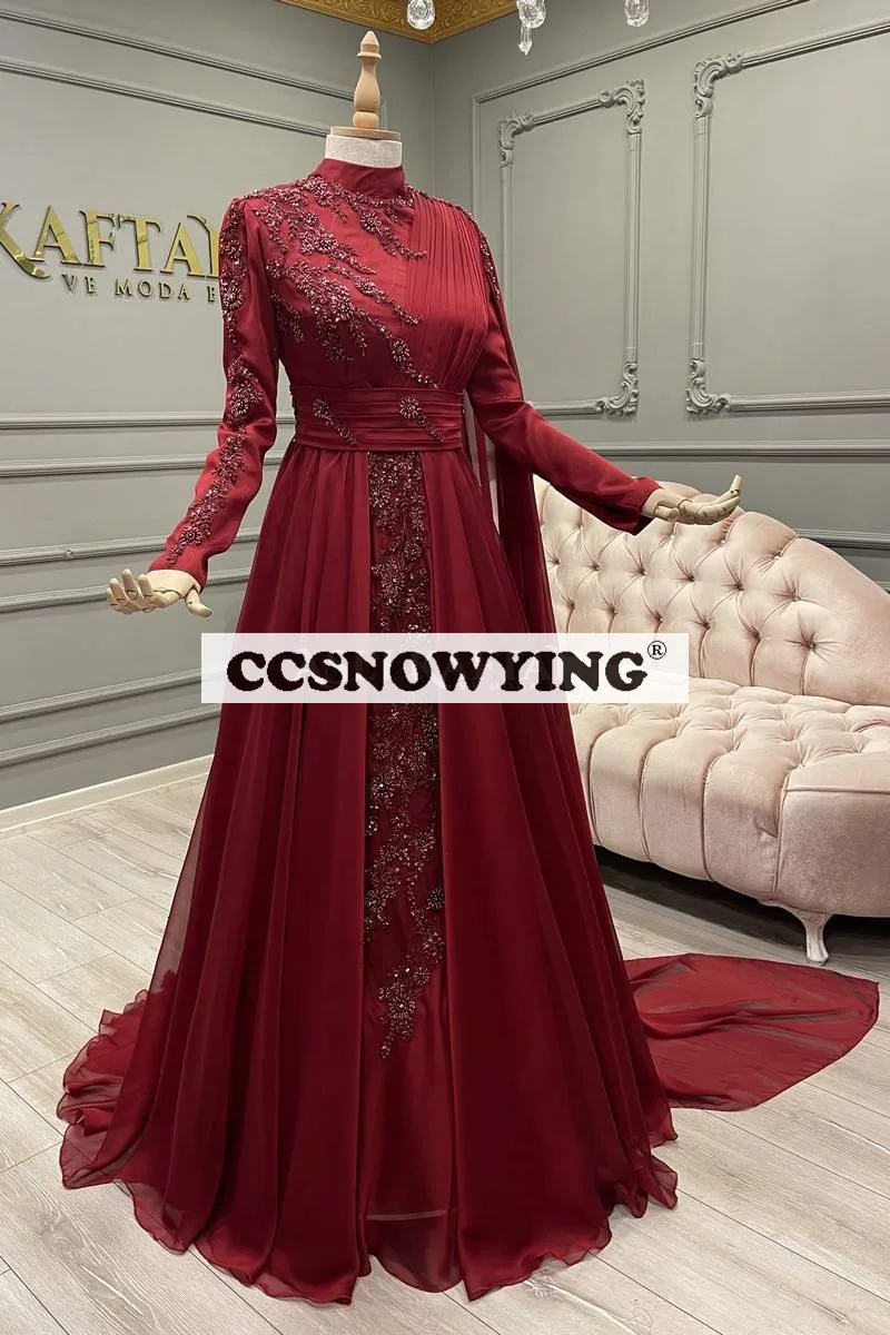 Bungundy Chiffon Appliques Muslim Evening Dresses Long Sleeve Islamic Formal Party Gown Hijab Arabic Kaftan Robe De Soiree