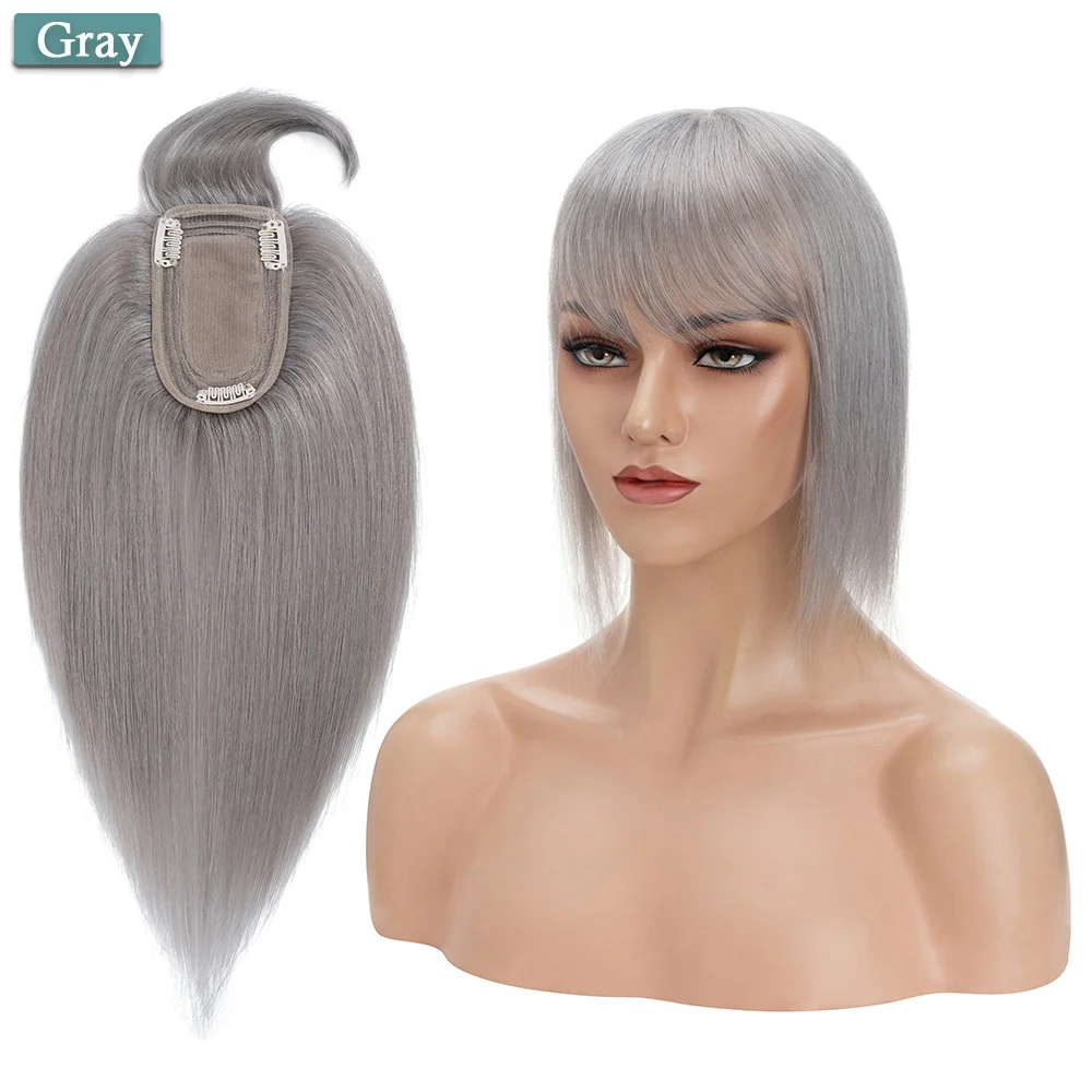 SEGO 7x13CM Echthaar-Topper mit Pony für Frauen, Seidenbasis, natürliche Haarteile, Perücken für Haarausfall, Volumenabdeckung, graues Haar – Detail 18