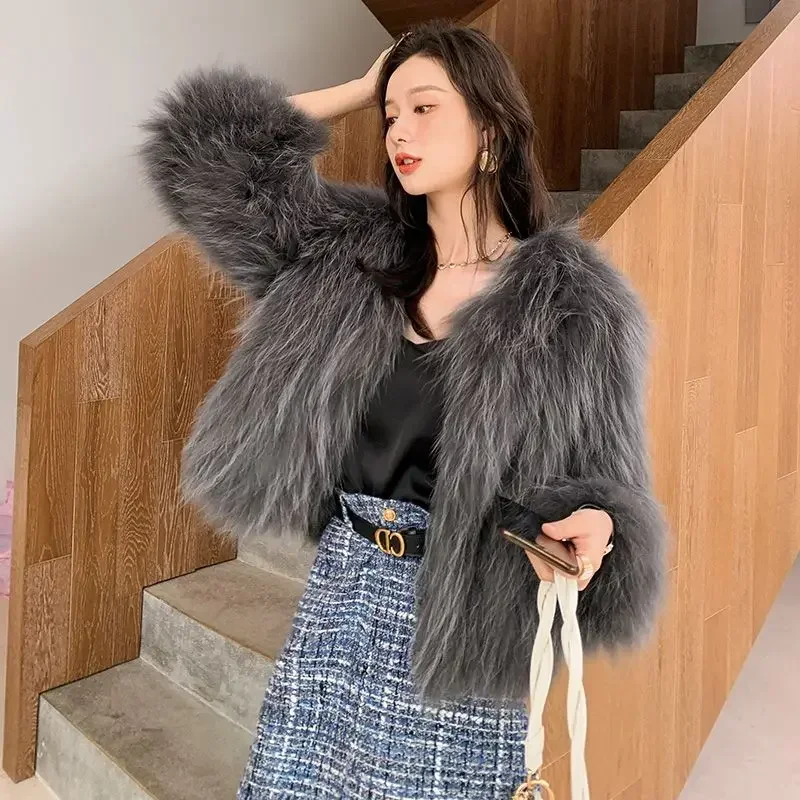 Raccoon Hair Women's Mid-length 2024 New Temperament Fox Fur Coat Young Fashion Loose Fit Jaqueta Feminina Inverno