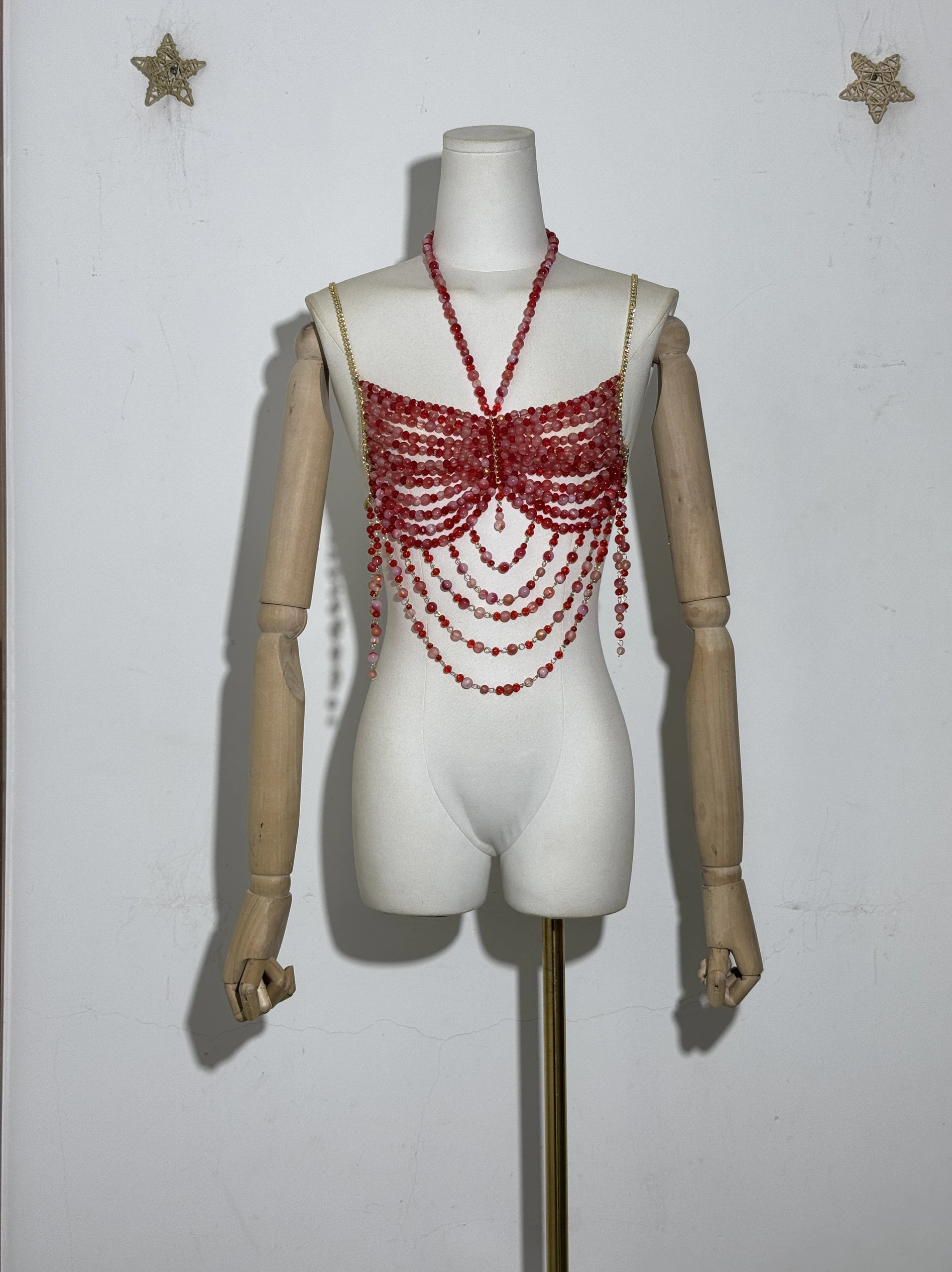 Sexy femmes à la main corps chaîne bijoux de mode Bikini soutien-gorge perlé licou romantique débardeur Beahwear voir à travers Lingeie