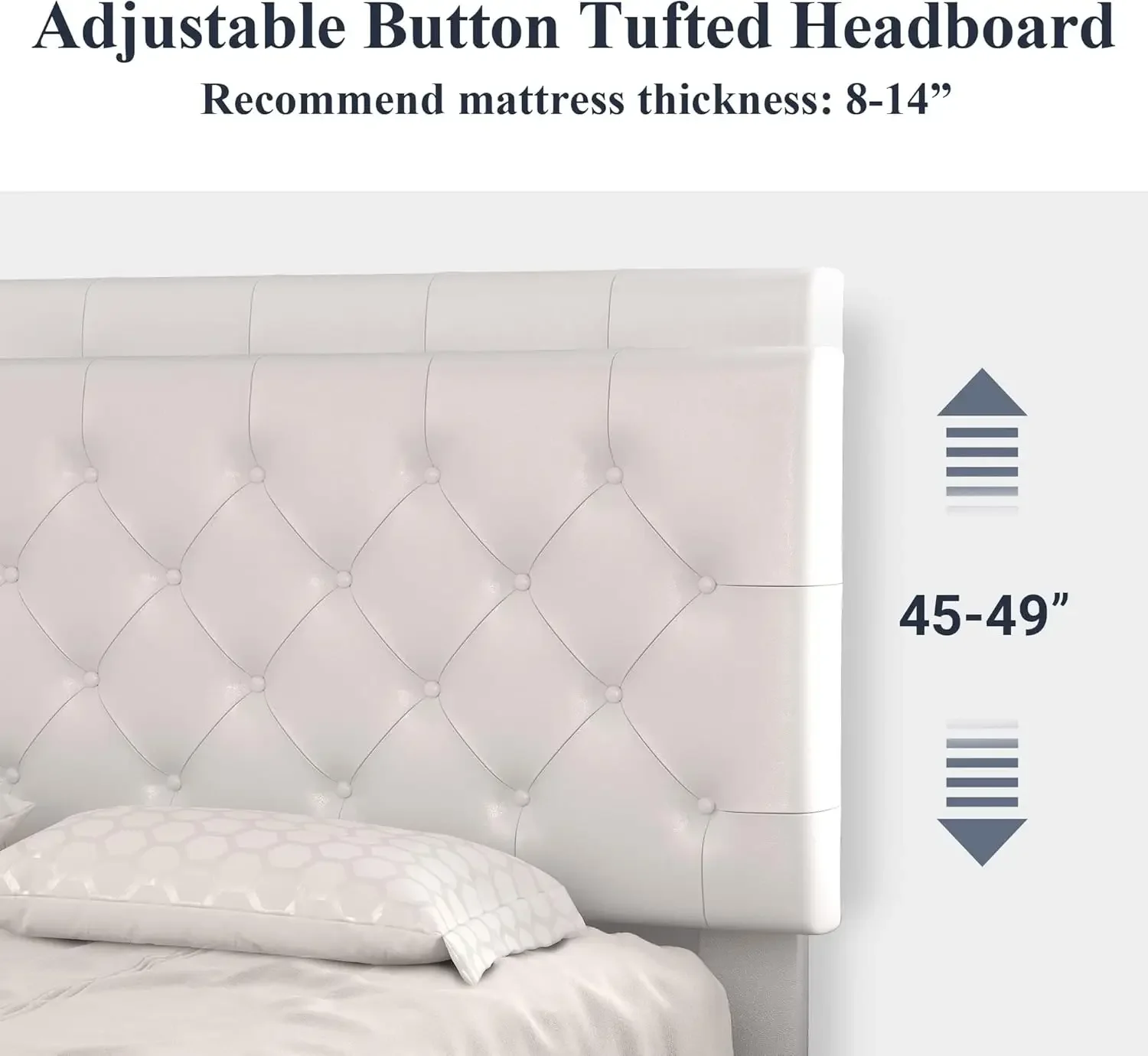 إطار سرير بمنصة بحجم كوين مع لوح رأسي من الجلد الصناعي قابل للتعديل وخياطة ماسية وأزرار خصلة وشرائح خشبية قوية