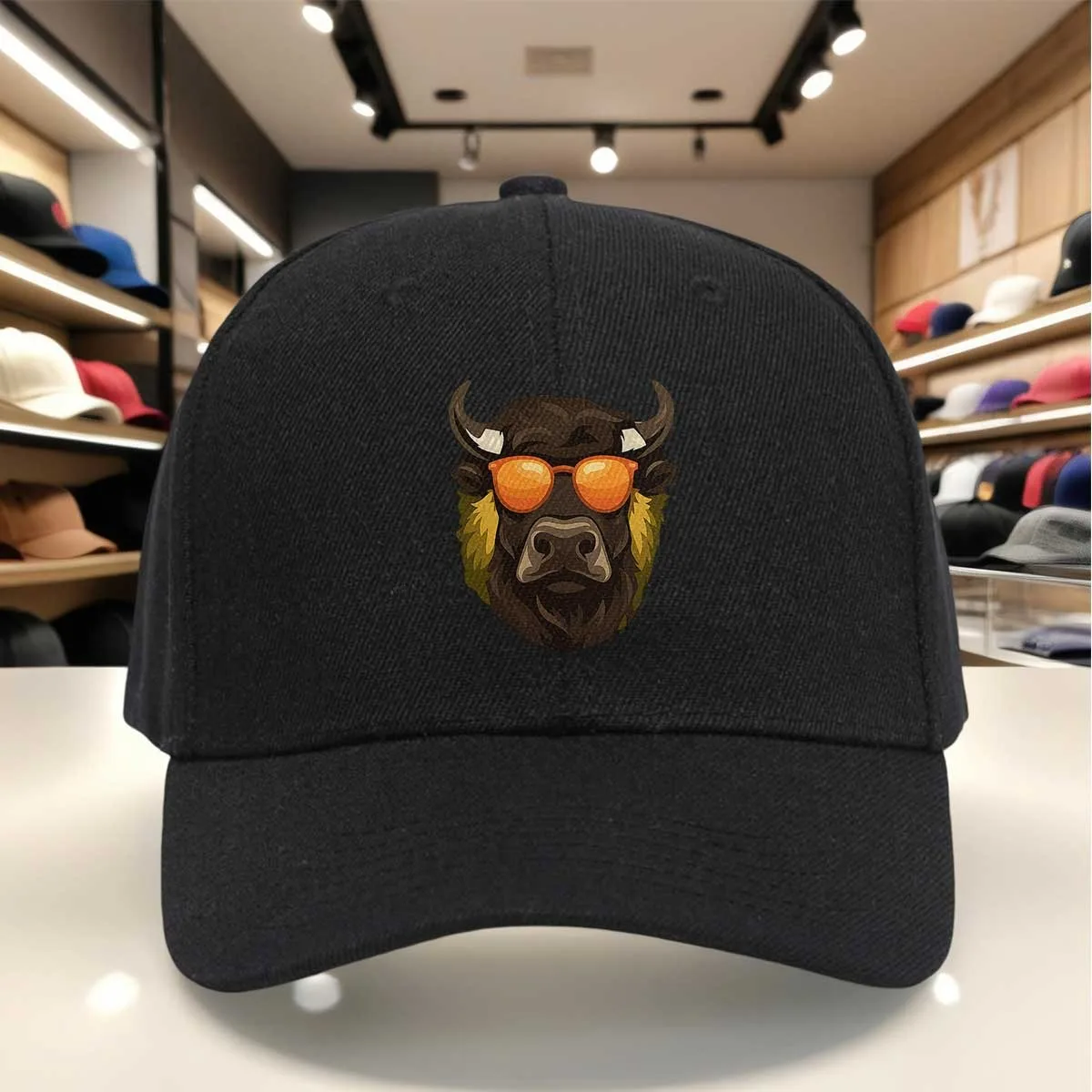 Cool Bison with Orange Glasses Print Baseball Cap, Casual Fun Style Adjustable Hat