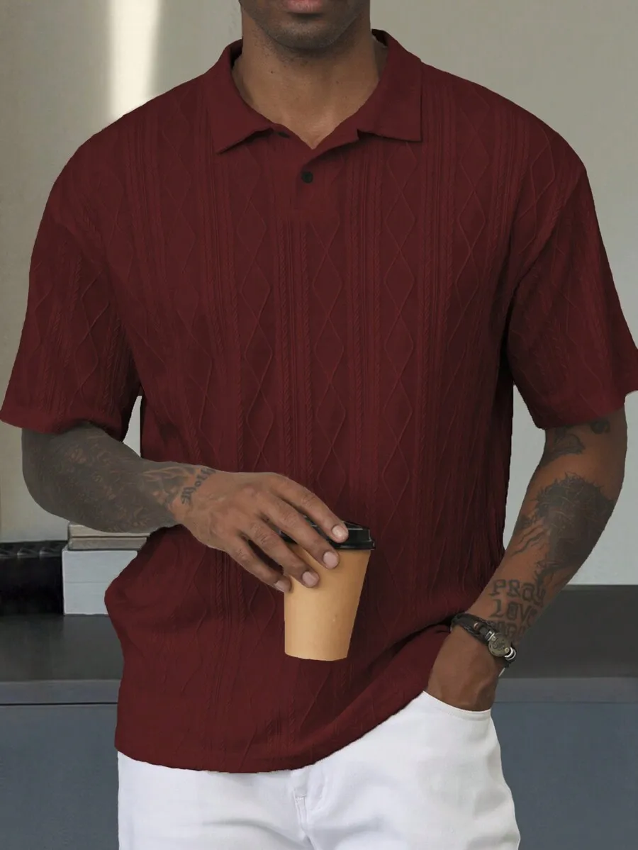 Men's Khaki Short-Sleeve Textured Jacquard Polo Shirt with Diamond Pattern, Casual Summer Wear