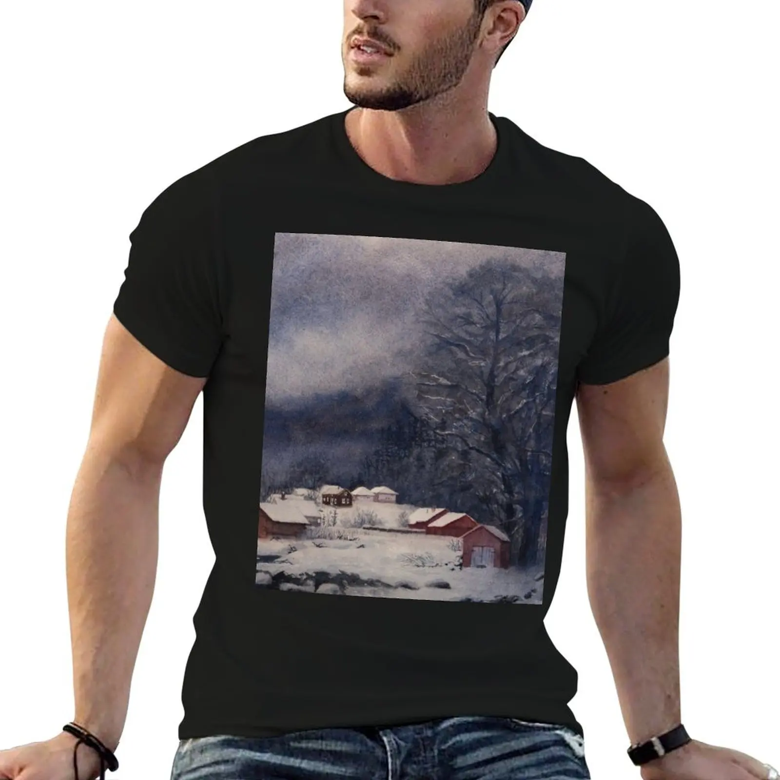 Dark Winter Silence, houses covered by snow on the coast. Watercolour landscape T-Shirt new edition men tshirt