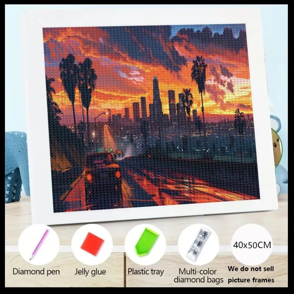 

1 шт. 5D DIY комплект алмазной живописи в рамке городской пейзаж закат с пальмами и красным автомобилем, включает в себя розовую алмазную ручку, красный желейный клей,