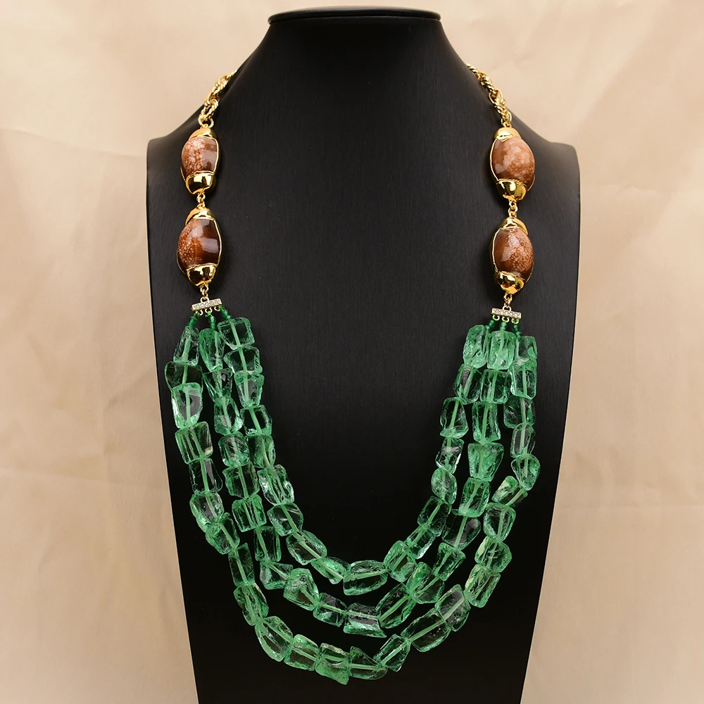 GG 3 Strands Natural Gold Plated Coffee Color Shell Green Glass Quartz Nugget Handmade Necklace