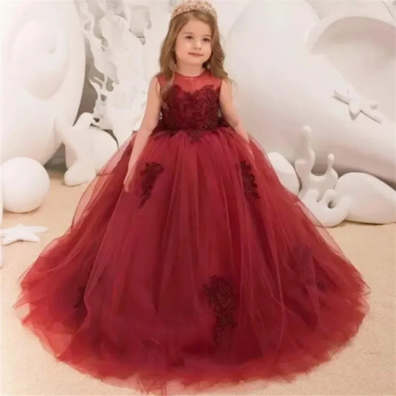 

Lovely Flower Girl Dress with Applique Crew Neck Sleeveless Long Puffy Tulle for Wedding Princess Pageant Party Gowns