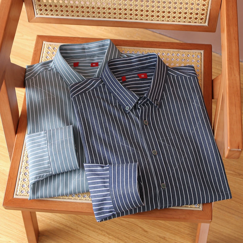 

Autumn New Casual Striped Long Sve Men's irt Brued Fabric Busin Versatile Stand Fit Regular Thin arp Collar