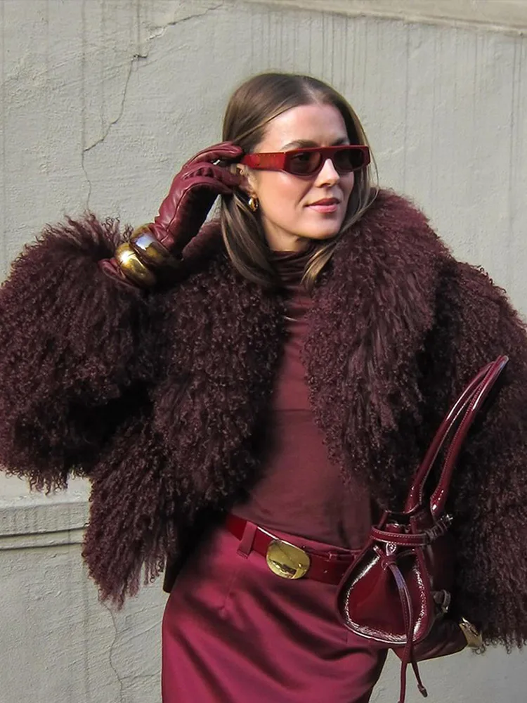 Retro Burgundy Tassels Faux Fur Long Sleeves Short Coat Elegant Loose Turn-down Collar Jacket 2024 New Woman High Street Coats