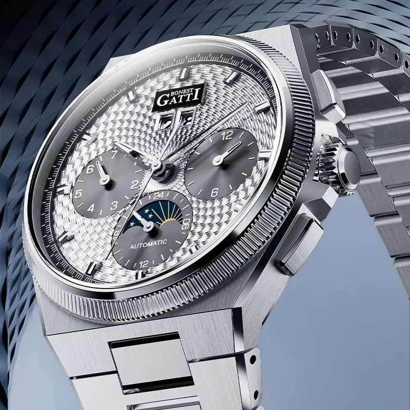

BONEST GATTI Men Automatic Watch Mechanical Wristwatch Multifunctional Dial Stainless Steel Case Watches for Men