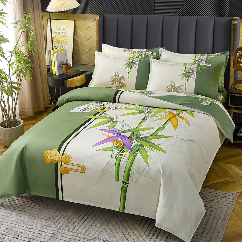 4pcs Chinese Style Duvet Cover with Sheet Bamboo Plant Print Soft Bedding with Pillowcase Single Queen Dormitory Comforter Cover