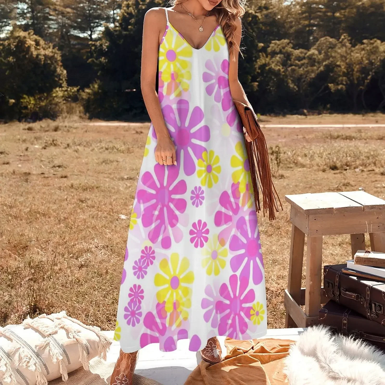 60's Retro Groovy Mod Flowers in Purple, Pink and Yellow - Abstract Sleeveless Dress Women's long dress Dress