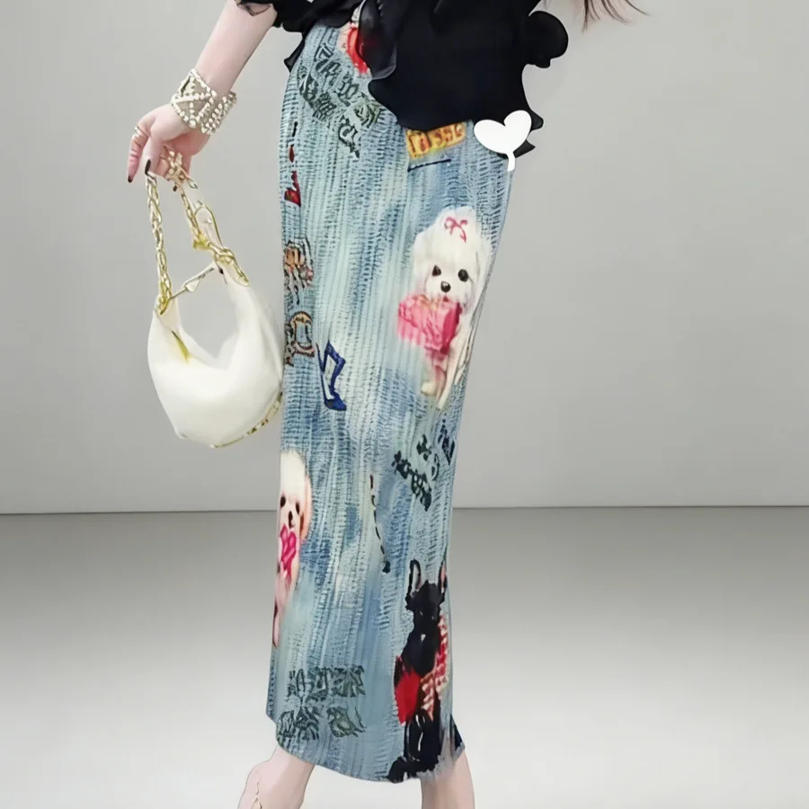 

Fold Miyake Pleated Denim Blue Cartoon Dog Print Long Skirt Elastic Waist Oversized Breathable Casual Summer Stylish Bottoms