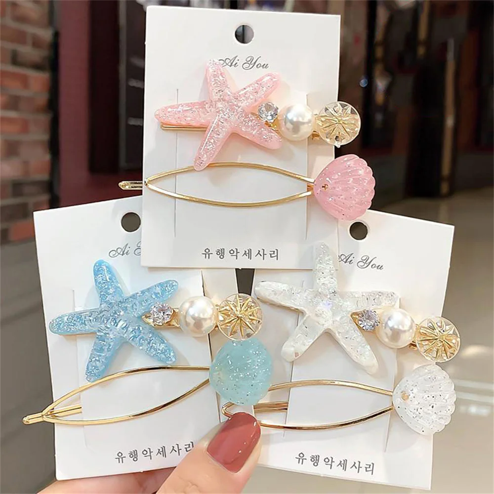 Fashion Artificial Shell Pearl Starfish Seashell Hair Clip For Women Girl Beach Vacation Headdress Colorfuly Side Bangs Barrette