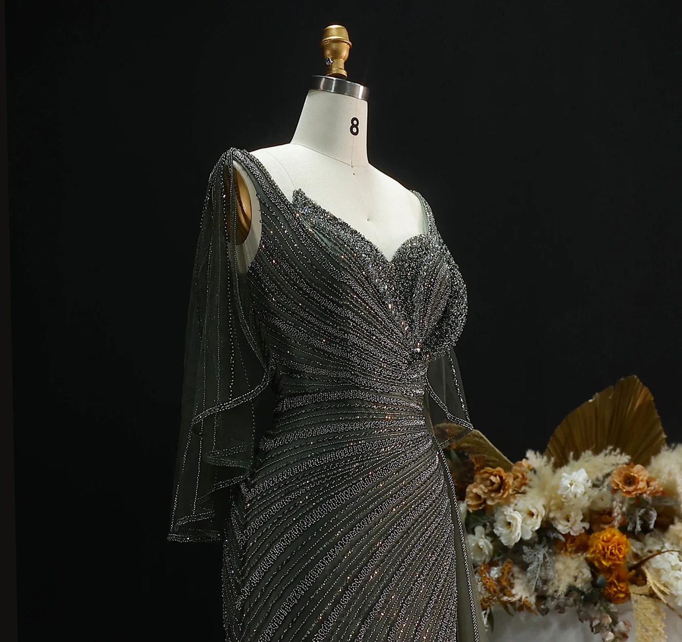 Sharon Said Luxuriöses Schwarzes Abendkleid, Lang, Perlenbesetzt, V-Ausschnitt, Cape-Ärmel, Elegante Ballkleider, Hochzeitsfeier, Damen, SS063, Maßanfertigung – Detail 14