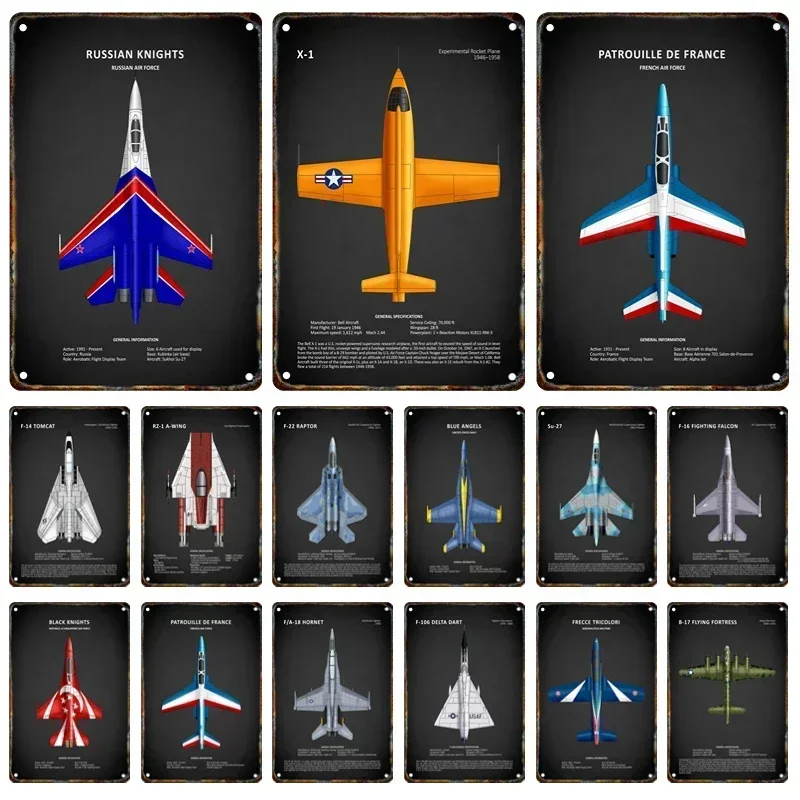 الطائرات العالمية الشهيرة شعار معدني لوحة القصدير اللوحة العسكرية المقاتلة النفاثة غرفة الاطفال متجر نادي جدار ديكور فني 8x12 بوصة