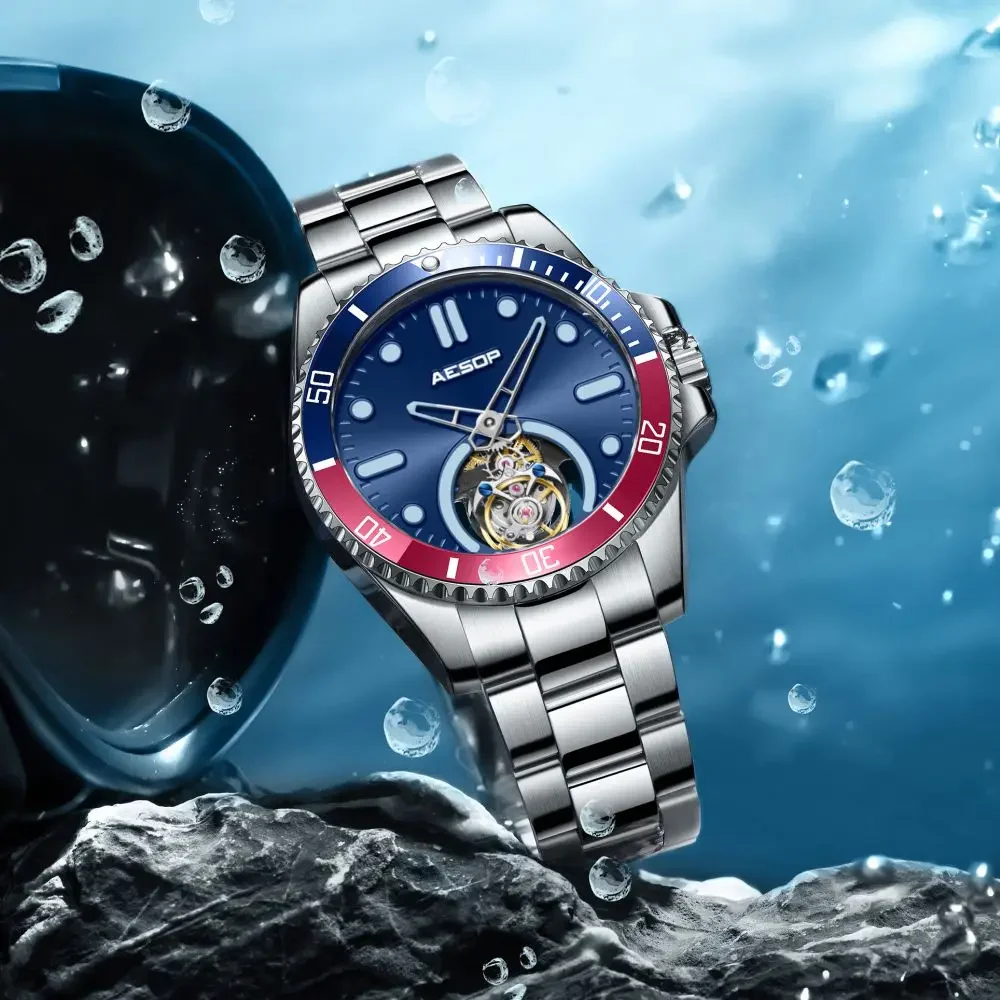 ايسوب توربيون ساعات رجالية شبح الماء الأخضر الياقوت 316L حزام الفولاذ المقاوم للصدأ الذكور ساعات المعصم الميكانيكية موضة فاخرة