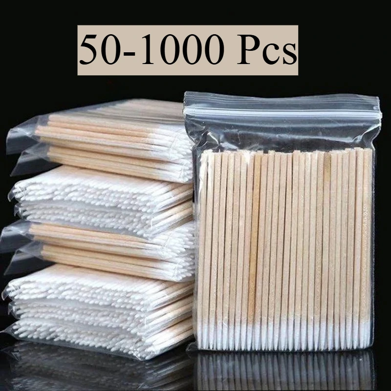 50-1000 Houten Katoenen Hoofd Polish Remover Art Tool Nagels Hout Wattenstaafje Schone Sticks NailManicure Corrector Nagellak tool