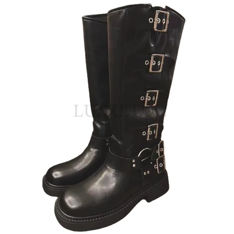 Vintage Brown and Black Ladies Knight Boots Block Heel Boots Metal Strap Buckle Platform Large Size Retro Fashion Women's Boots