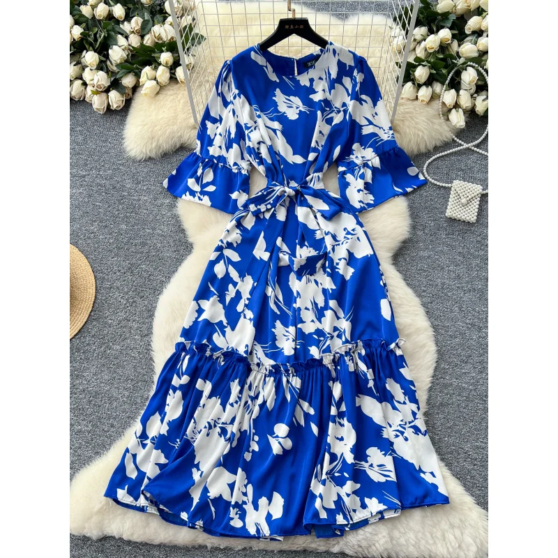 Boho donna slim chic estate stampa floreale fasciatura abito lungo casual festa volant vestido de festa elegante abito con maniche svasate