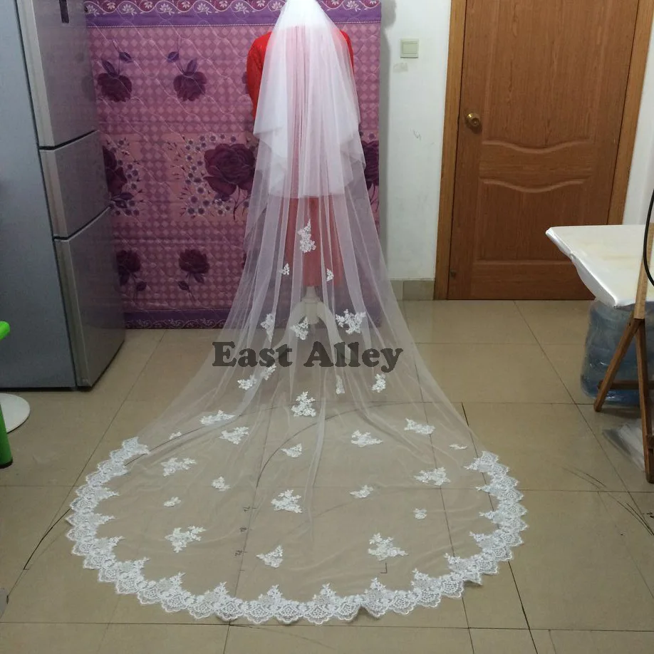 White Ivory 4 Meters Long Full Edge Lace Wedding Veil Two Layers Tulle Bridal Veil with Comb Wedding Accessories Veu De Noiva