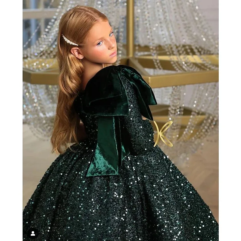 Factory Wholesale Latest Children Birthday Party Gown Single Sleeve Turquoise Green Sequined Wedding Evening Dresses