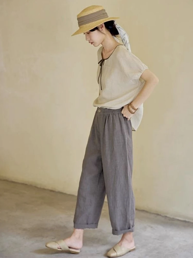 Cotton Linen T-shirts Women Solid Lace-up Loose Japanese Style Leisure Breathable Harajuku Temperament Minimalist Vintage 3XL image 4