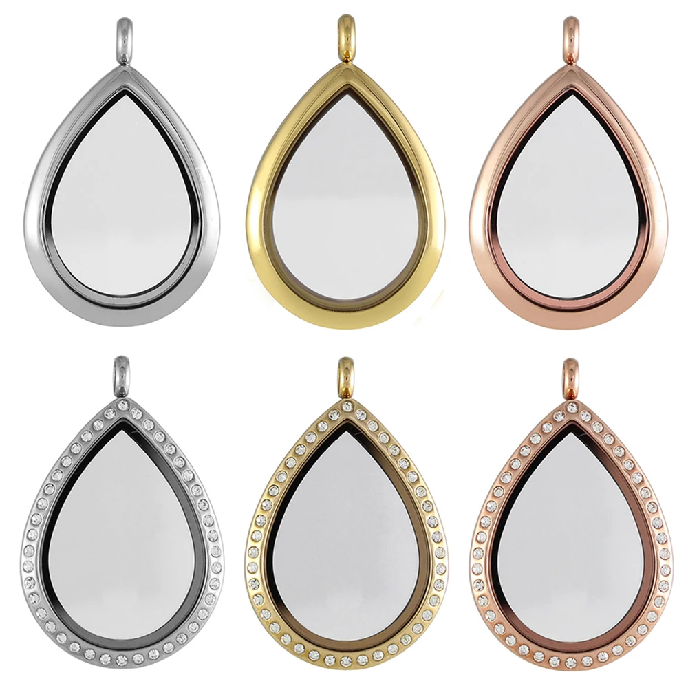 28*38mm Teardrop Magnetic Closure 316L Stainless Steel Floating Living Memory Glass Locket Pendant