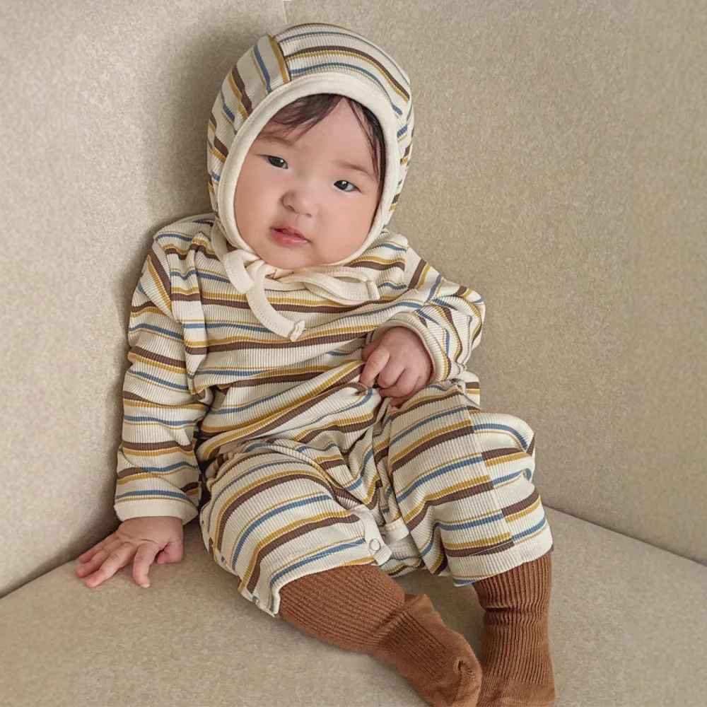 

Newborn Clothes Autumn Baby Fashionable Colorful Pit Stripe Rompers for Boys and Girls Long Jumpsuit