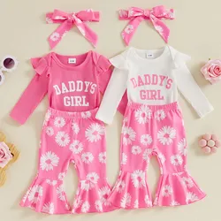 Baby Girl Pant Sets Autumn Clothes Letter Print Long Sleeve Ribbed Bodysuit Flower Flare Pants Bow Headband Toddler Clothing