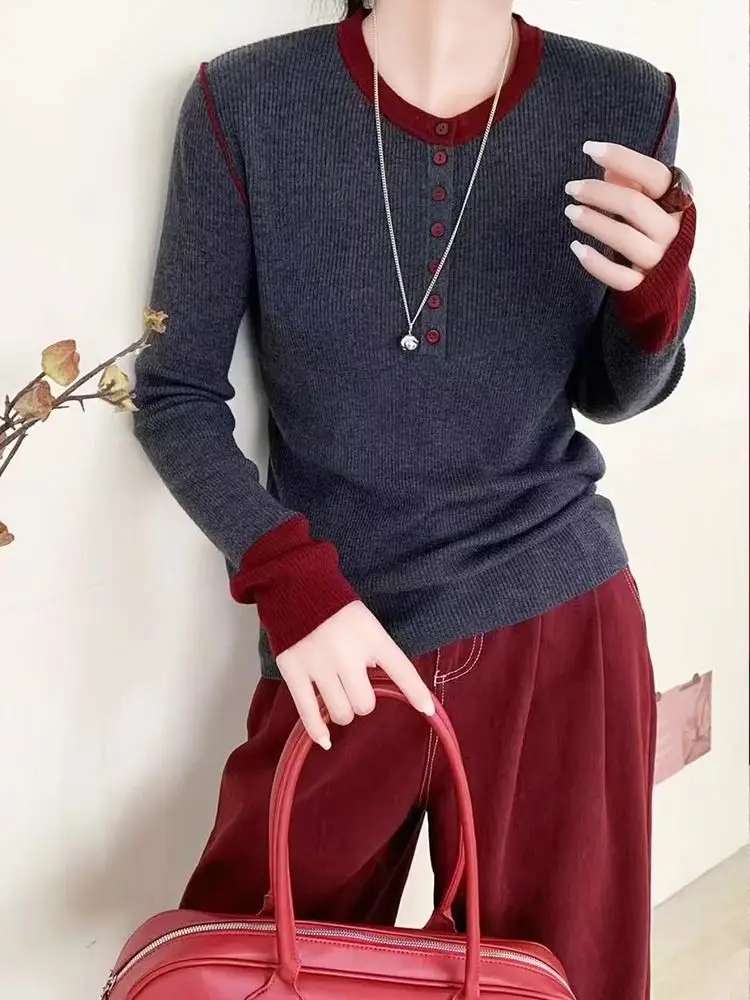

2024 Autumn And Winter New Pullover Button Long Sleeved Versatile Slim Fit Color Blocked Knitted Sweater Top For Women