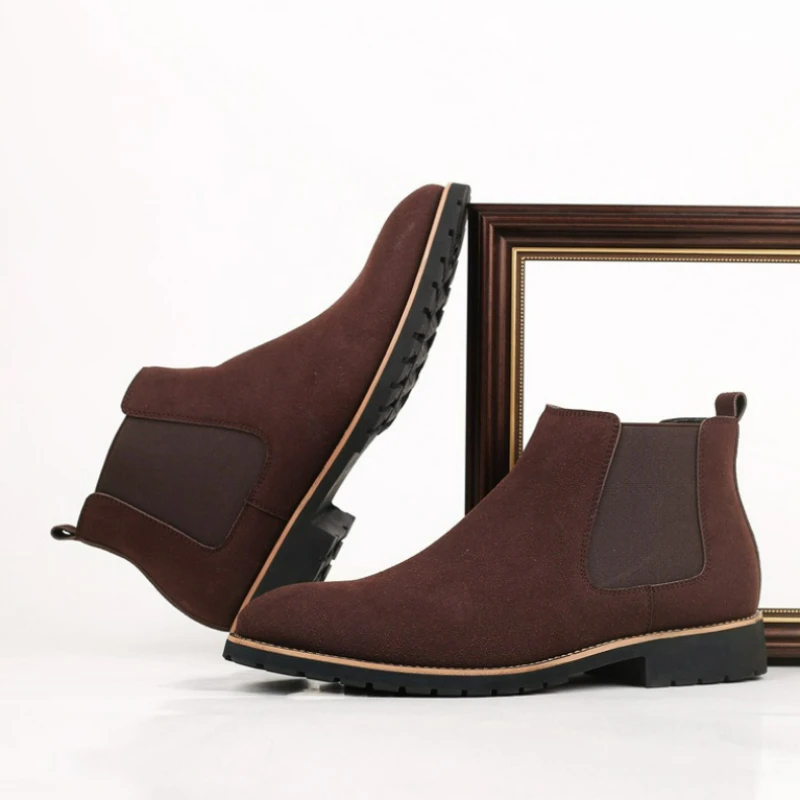 

Men Ankle Boots Suede Leather Chelsea Boots British Style Slip on Men Shoes Round Toe High Top Casual Boot Outdoor Work Men Boot