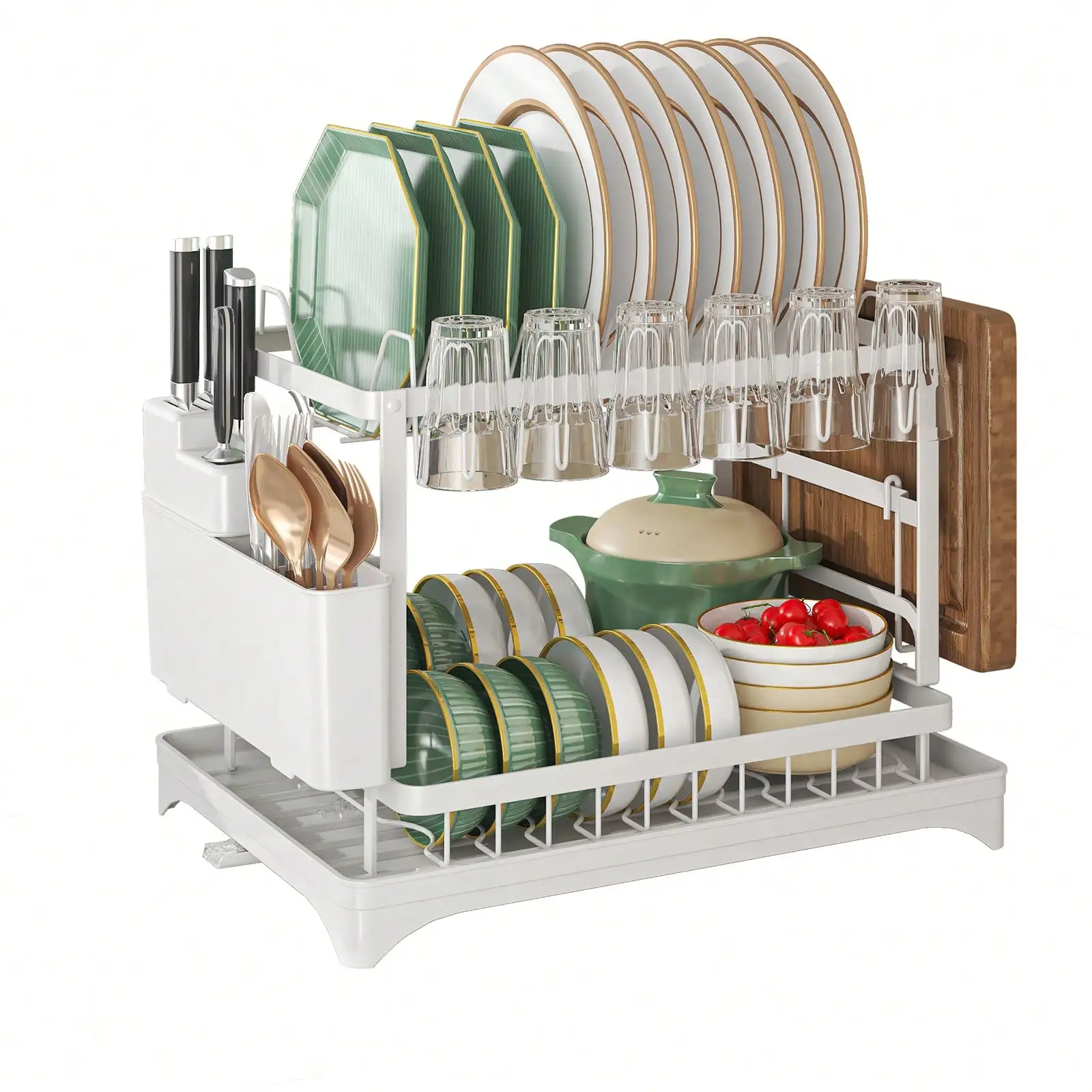 

2-Tier Rustproof Dish Drying Rack With Drainboard & Utensil Holder for Kitchen Countertop