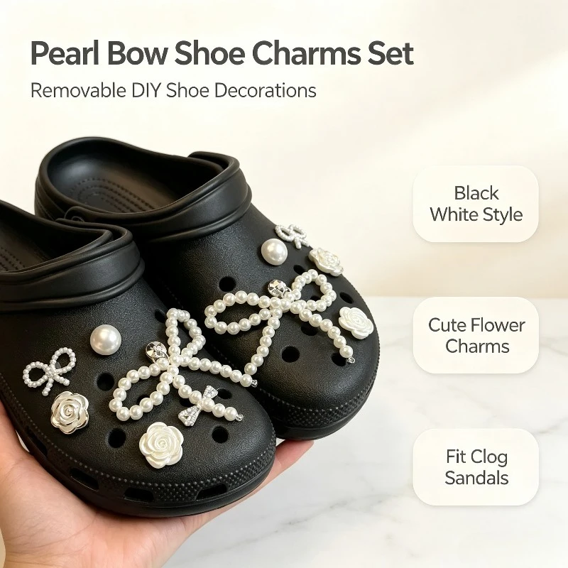 1 Set Black White Pearl Silver Star Shoe Charms Removable DIY Shoe Buckles Fashion Shoe Decorations Fit Clog Sandals