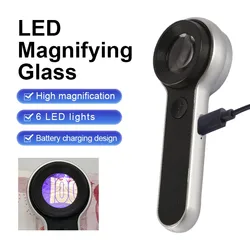 Handheld Magnifying Glass USB Rechargeable Pocket Microscope Lupe Currency Detector Jeweler Magnifier with 6 LED Light