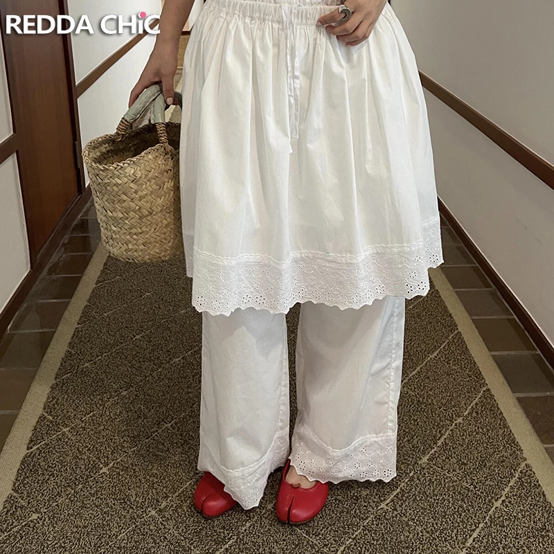 

REDDACHiC Cottagecore Boho White Palazzo Pants Casual Elastic Waist Stitch Lace Layered Skirt Wide Leg Trousers Women Clothes