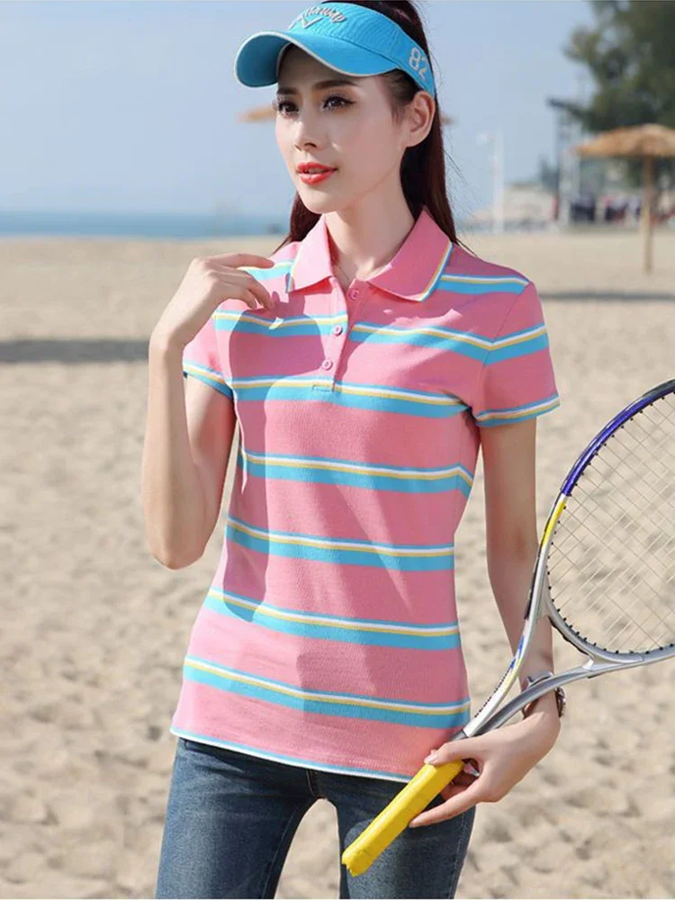 Women's T Shirts Top Clothes Striped Short Sleeve Tee Button Polo Neck Shirt Pink Y2k Fashion Trend Cute New Cotton Korean Style