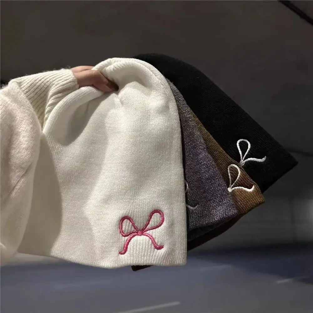 

Sweet Warm Embroidery Bow Knitted Hat Wool Korean Knit Cap Solid Color Bowknot Beanies Girls