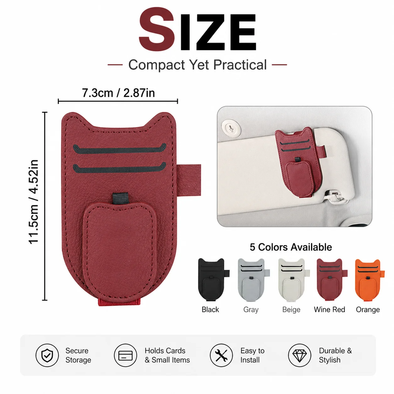 Custom Logo Sun Visor Card Holder, PU Leather Car Organizer, Secure Storage for ID Cards & Tickets, Custom Text Sunglasses Clip view 2