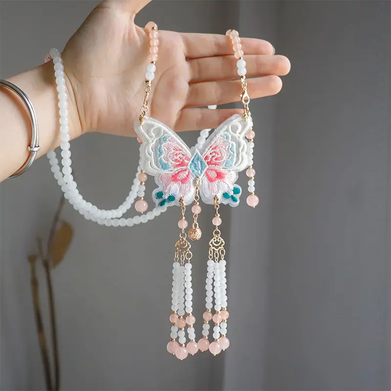 

Chinese Style Embroidered Butterfly Wreath Necklace Super Fairy Tassel Pendant Horse Face Skirt Accessories Soft Wreath Collar
