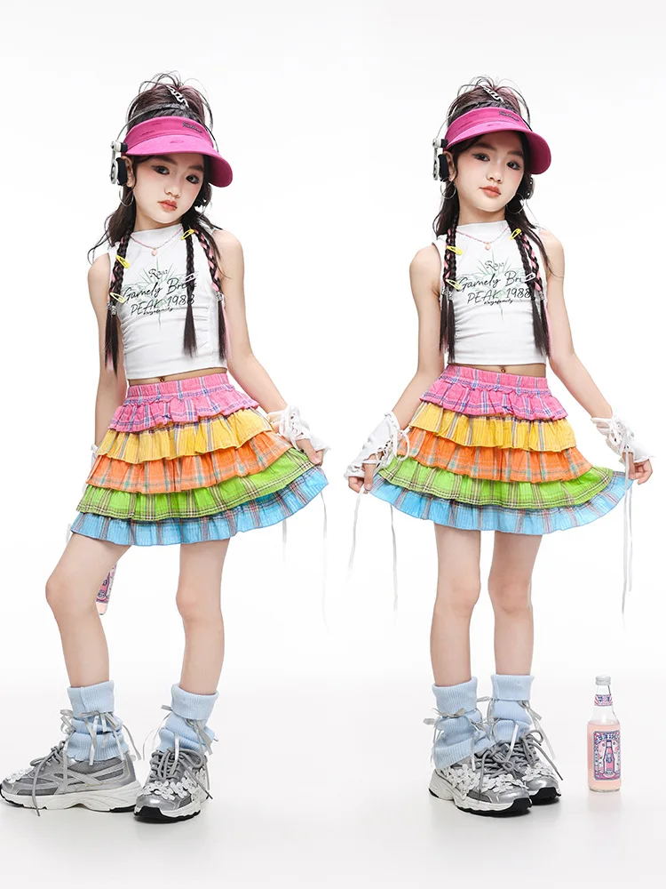 Kids Jazz Dance Performance Costume for Girls Fashionable Vest+5-layer Colorful Skirt Set Street Cheerleading team Dance Costume