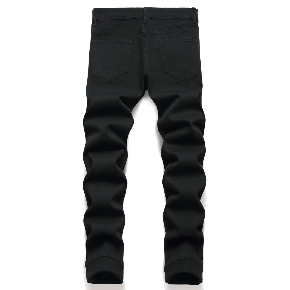 Men Black Stretch Skinny Fit Pencil Jeans Trousers Knee Ripped Distressed Motorcycle Biker Jeans Pants For Men's