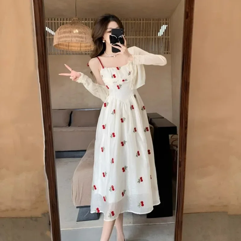 Women Summer White Cherry Slip Dress New Elegant Floral Dresses Chic Cottagecore Dresses Slim Sweet French Style Girl Party Wear