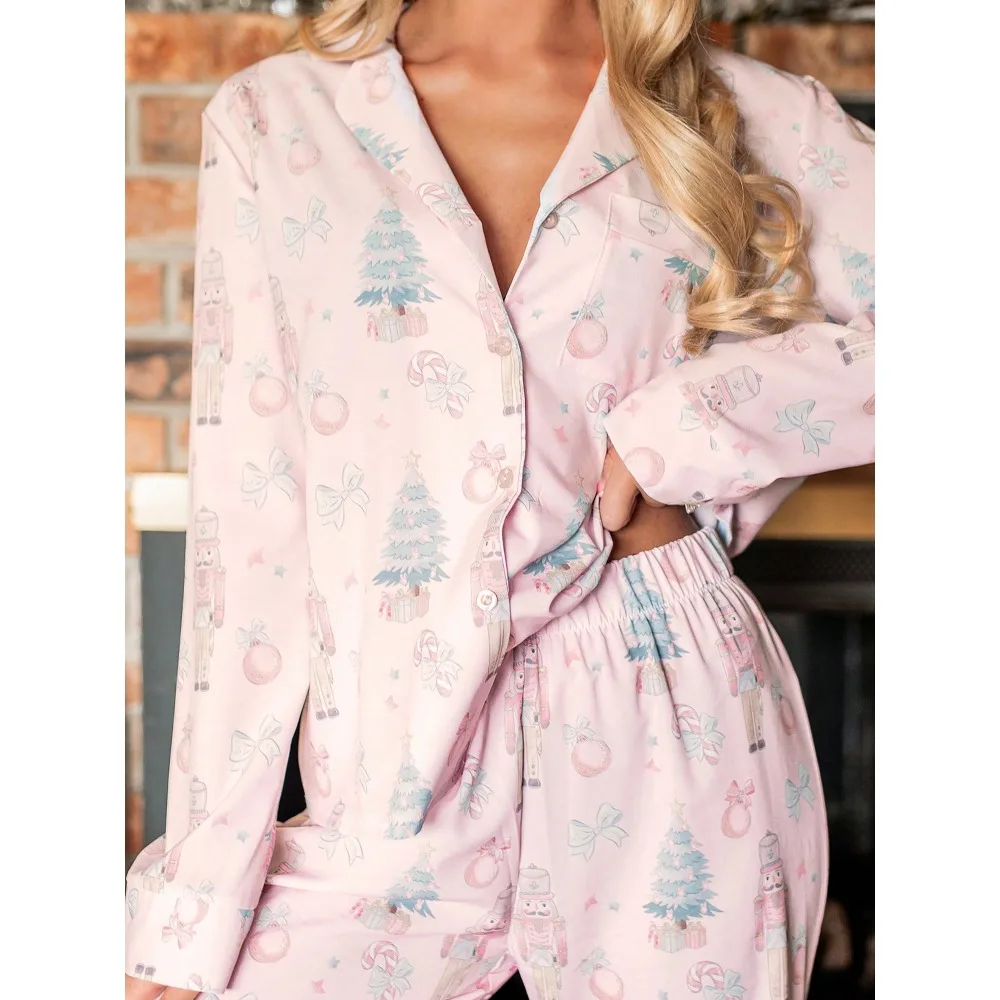 Women's Valentine's Day Pink Pajama Set 2pcs Heart-Vibe Graphic Long Sleeve Top & Pants Soft Sleepwear Gift Outfits