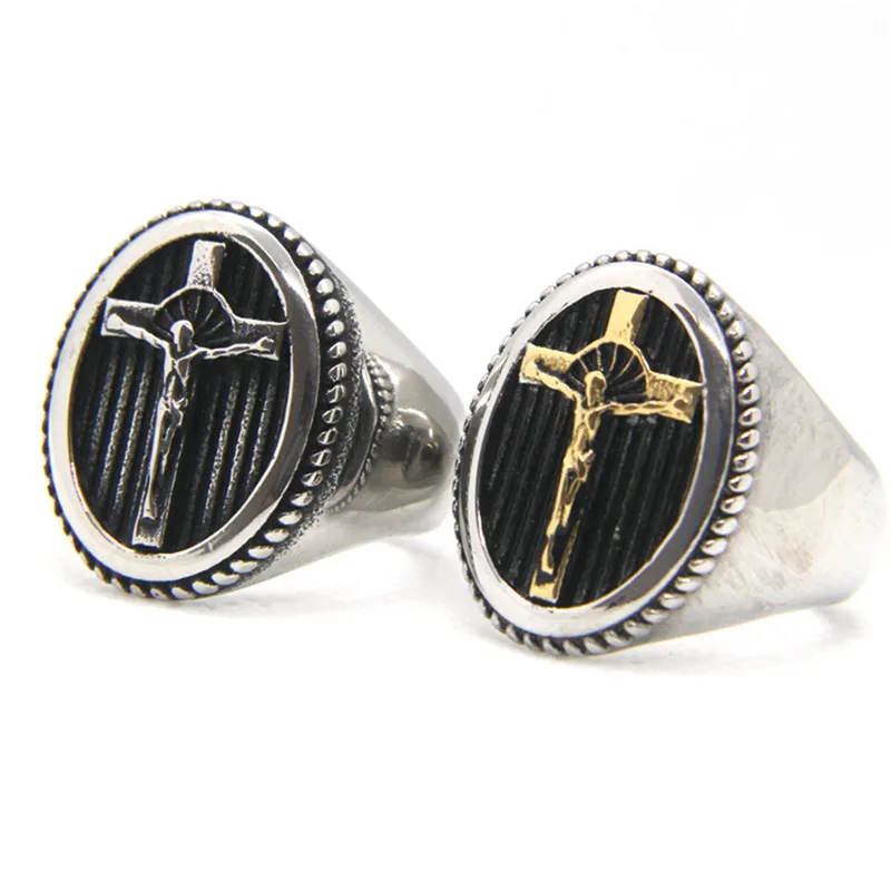 New Jesus Cross Solid Ring For Man 316L Stainless Steel Jewelry Polishing Punk God Ring Size 7-14